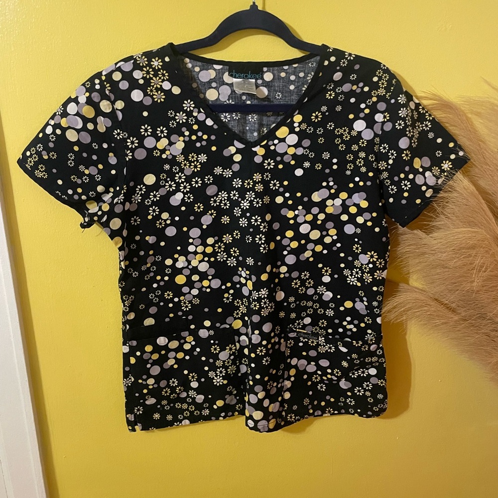 Cherokee Black and Yellow Polka Dot Scrub top
